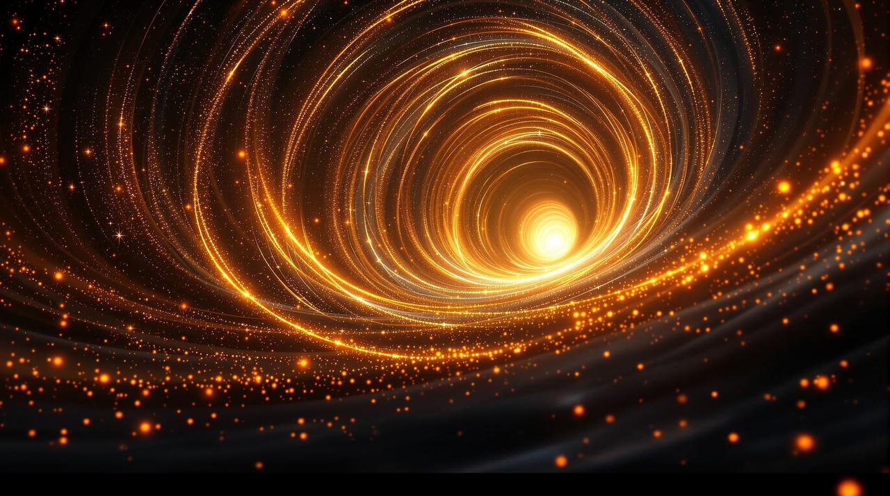 穿越视界科幻电影海报，金色虫洞穿越黑暗空间